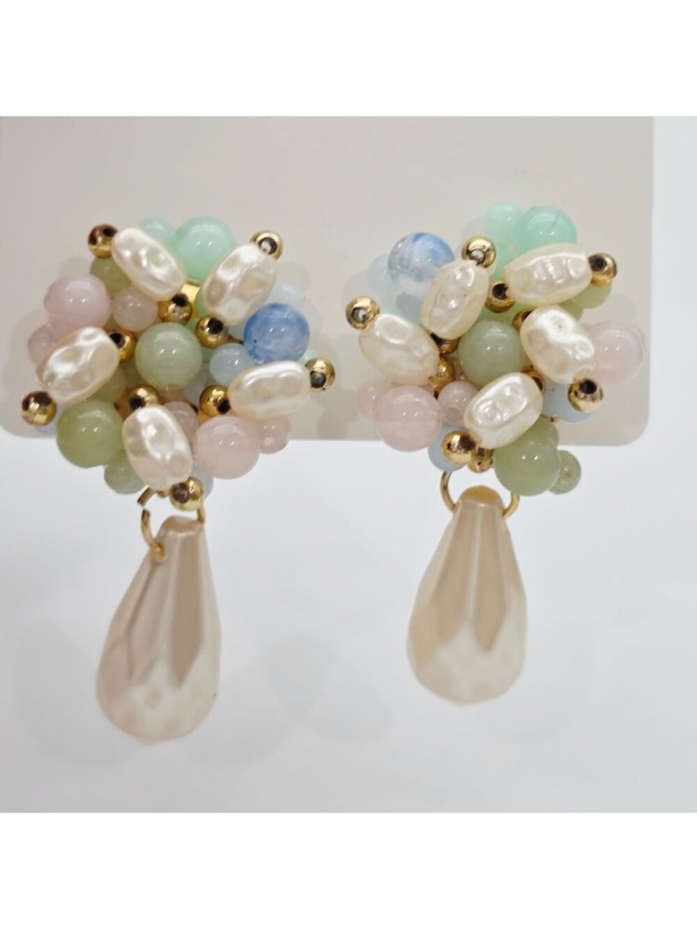 Cluster Bead Clip-On Earrings With Faux Pearls & Pastel Beads Dangle Tear Drop